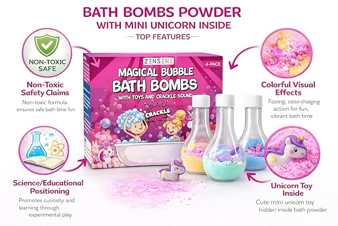 Kids Bath Bombs Powder with Mini Unicorn Inside – Bubble Bath for Kids – Bathtime Experiment Kit Mix - Blast of Foam & Colour Surprise – Gift Set of 4