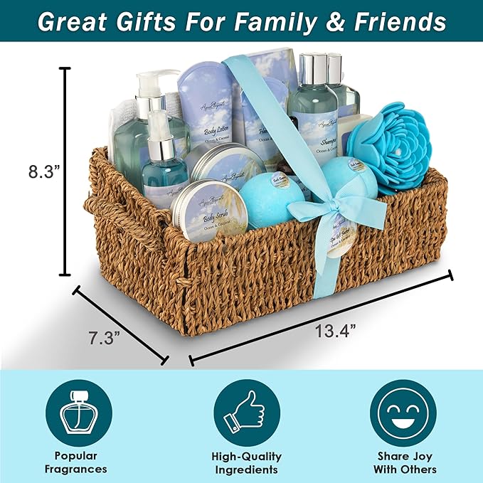 Aqua Elegante Bath Spa Gift Set - 15 Piece Premium Basket with Wash, Bubble Bath, Lotion, Salts, Body Scrub, Towel, Shower Puff, Bathbombs, Reusable Basket, Gifts for Women - Ocean & Coconut