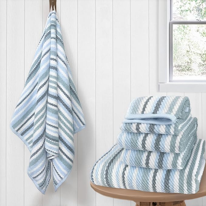 100% Cotton Blue Striped Luxury 6 Piece Towel Set , Quick Dry & Highly Absorbent Towels Set for Bathroom ( 2 Bath with Hanging Loop 28"x52", 2 Hand 16"x27", 2 Washcloth 13"x13" ), Blue & Gray