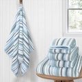 100% Cotton Blue Striped Luxury 6 Piece Towel Set , Quick Dry & Highly Absorbent Towels Set for Bathroom ( 2 Bath with Hanging Loop 28"x52", 2 Hand 16"x27", 2 Washcloth 13"x13" ), Blue & Gray