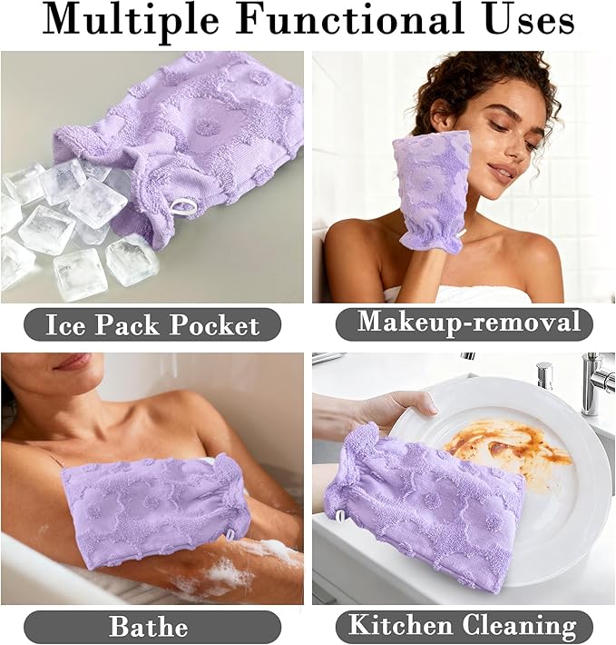 VOOVA & MOVAS 6-Pack Shower Wash Cloth, 100% Cotton Soft Absorbent Bath Mitts with Hanging Loop, 8.3x6.3 Inch European Style Bathing Gloves for Body & Spa, Purple Flower