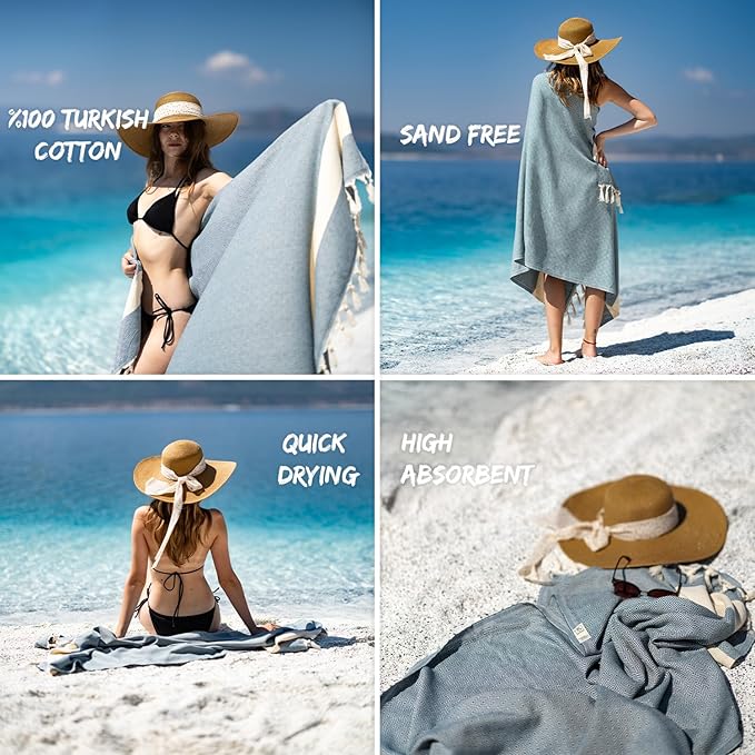 Turkish Beach Towels Oversized Clearance XL 40x71- Sand Free Beach Towel- 100% Cotton Soft Quick Dry Towel- Extra Large Travel and Pool Towels for Adults- Cloud Sandproof, Beach Essentials for Women