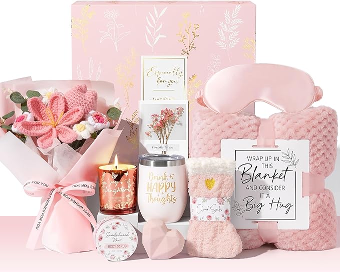 Mothers Day Birthday Gifts for Women Self Care Package Get Well Soon Gift Baskets, Thinking of You Sympathy Spa Gift Set w/ Crochet Flower Bouquet, Unique Gifts for Women Mom Sister Grandma Friends