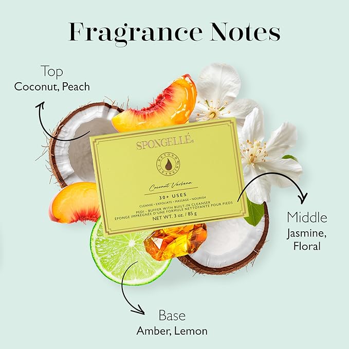 Spongellé Coconut Verbena Pedi Buffer Bath Sponge | Exfoliating Foot & Heel Scrub | Cleanse, Exfoliate, and Nourish in One Easy Step | Cruelty-Free, Vegan, Dermatologist-Tested, Made in USA | 30+ uses