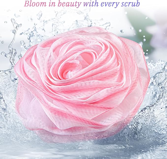 LAYUKI Bath Loofah, Shower Sponge, Body Scrubber, Rose-Shaped, Elegant (Set of 4 Pieces)