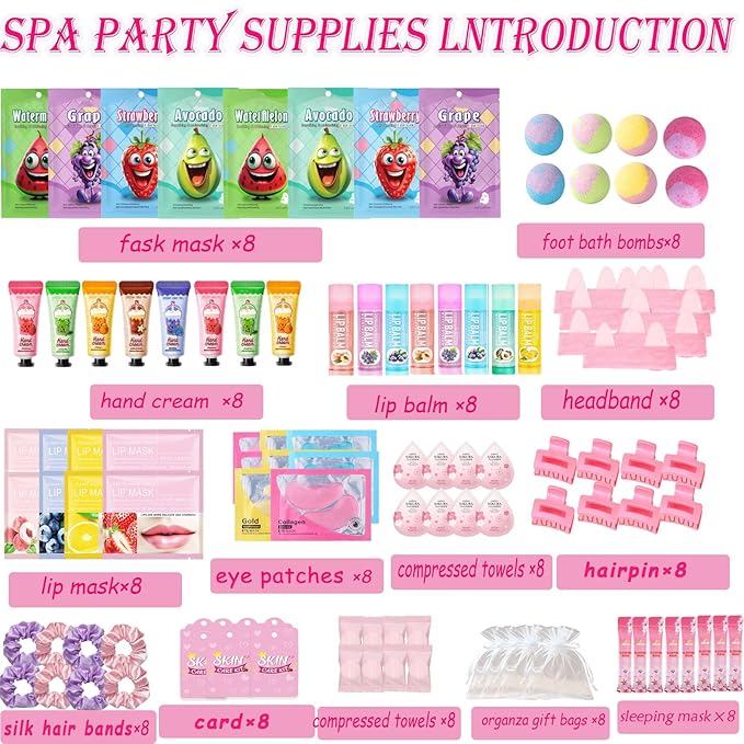 112PCS Spa Party Supplies for Girls, Spa Party FavorsInclude Face Masks,Hand Cream,Lip Mask,Spa Headband and Foot Bath Bombs,Ideal for Spa Birthday & Sleepover Party Supplies for Women