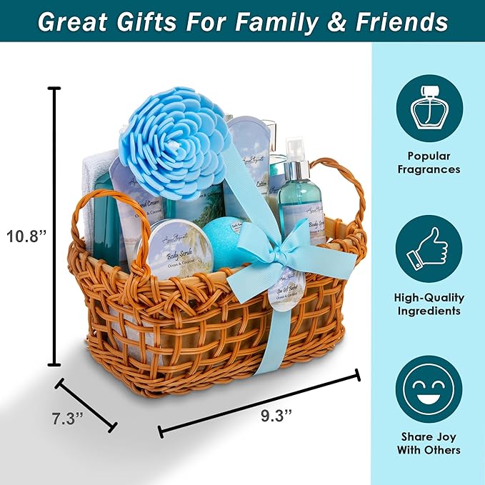 Aqua Elegante Spa Basket For Women - Deluxe Bath Set with Wash, Bubble Bath, Lotion, Salts, Body Scrub, Towel, Shower Puff, Bathbombs, Reusable Basket, Gifts for Mom, Wife, Her - Ocean & Coconut