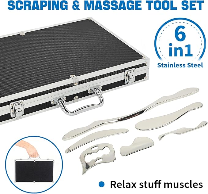 6-Piece Gua Sha Muscle Stainless Steel Scraper Massage Tool Set for Arms/Back/Shoulder Portable Physical Therapy IASTM Tools for Soft Tissue Mobilization with Carrying Case