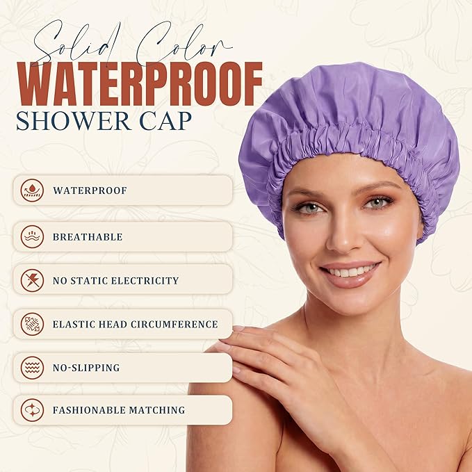 Reusable Shower Cap for Women, Large Waterproof Shower Bonnet with Elastic Band, Washable Bath Hair Cap for Long, Curly Hair, Braids, Daily Shower, Home Spa, Travel(Purple)
