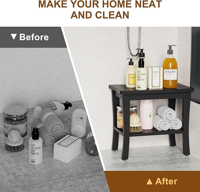 Extra Bamboo Black Shower Bench Stool Waterproof Shower Chair Spa Bath Seat Extra Big Best Hardwood Bathroom Gadgets Seat Father Day Dad Parents Stepdad Christmas Xmas Happy Birthday Gifts Ideal
