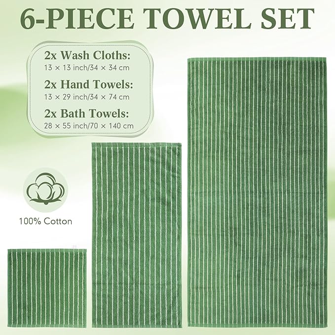 6 Pcs Large Bath Towels Set 28x55 Inch Soft Cotton Towels for Bathroom Pink Green Striped Towel Set Highly Absorbent & Quick Dry Towel for Spa Gym | 2 Bath, 2 Hand, 2 Washcloth(Pink Green)