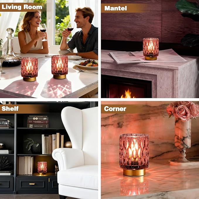 Battery Operated Table Lamps Timer, Mini Crystal Lamp for Area No Plug, Cordless Lamp with LED Bulb for Power Outage, Decorative Lamps for Tabletop/Corner/Entryway/Stairway/Bathroom/Fireplace (2 Pink)