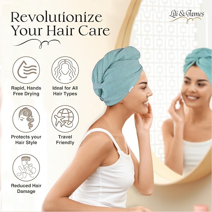 Cotton Hair Towel Wrap for Women/Kids | Quick Dry, Soft & Absorbent 420-GSM Hair Wrap Towels with Double Button | Anti Frizz, Non Microfiber Turbans for Curly, Long & Thick Hair (White+Grey+Aqua)