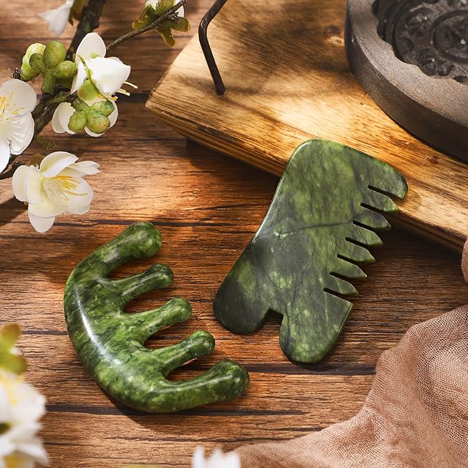 BBTO 2 Pcs Jade Comb for Scalp Massage Gua sha Comb for Head Body spa Hair Multifunctional Handheld Massage Tools (Classic, Natural)