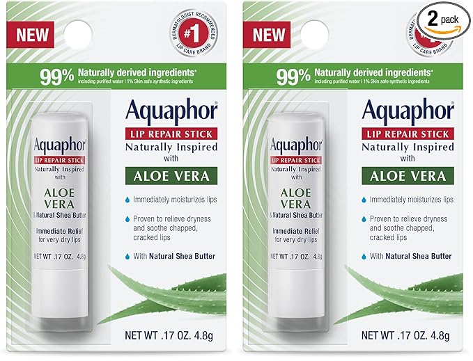 Aquaphor Naturally Inspired Lip Repair Stick with Aloe Vera and Natural Shea Butter, Hydrating Lip Balm Immediately Relieves Dryness Stick, 0.17 Oz (Pack of 2)