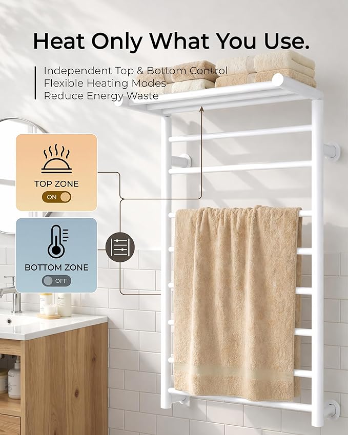 Foldable Heated Towel Rack, Dual-Zone Electric Towel Warmer Rack with Timer, GFCI Plug-in or Hardwired, Wall-Mounted, Drill-Free Installation, Matte White, CA3-1100X550-Standard-MW