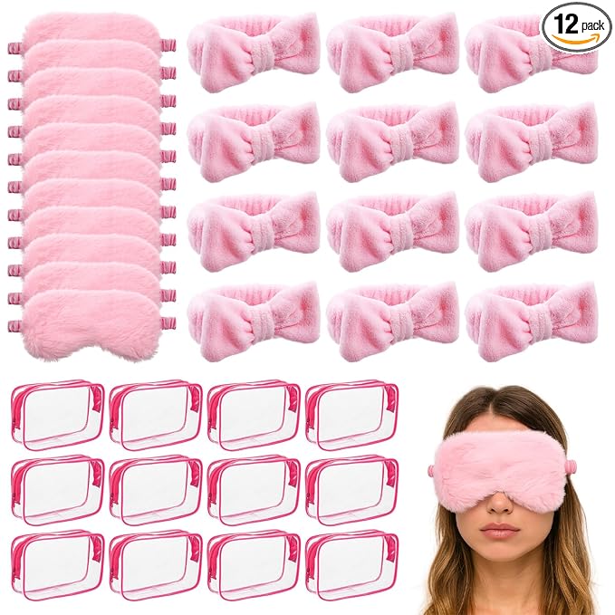 36 Pcs Spa Headband for Women, Makeup Cosmetic Headband for Women 12 Spa Headbands Plush Sleep Eye Mask 12 Clear Cosmetic Bags Sleepover Party Supplies for Girls Christmas Spas Party Favors