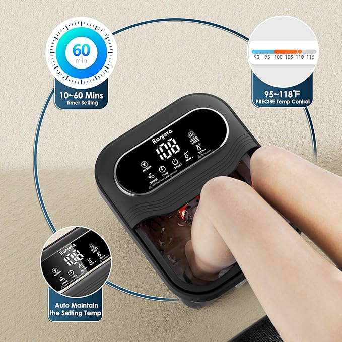 Ranjova Collapsible Foot Spa Electric Rotary Massage, Foot Bath with Remote Control, Heat, Bubble, Temp Control, and 24 Motorized Shiatsu Massage Balls, Pedicure Foot Spa Tub for Stress Relief (Black)