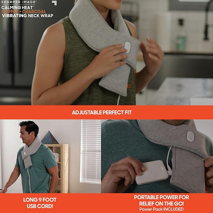Calming Heat Neck Wrap by Sharper Image with Power Pack | Weighted Copper & Charcoal, Heating Pad, Auto Shut-Off Feature, Gift for Holidays, Women & Men | 3 Heat & 3 Vibrating Massage Settings