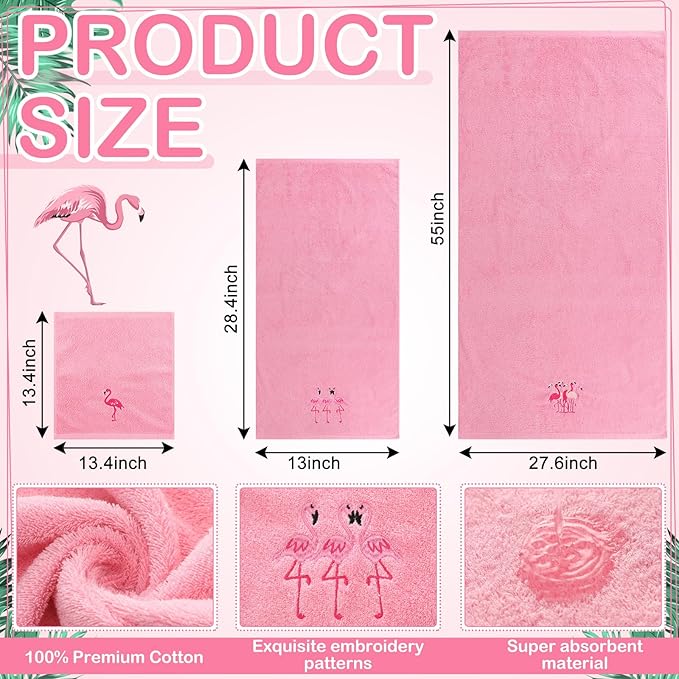 3 Pcs Flamingo Bathroom Towel Set Farmhouse Embroidered Flamingo Towels Vintage Decorative 100% Cotton Bath Towel Highly Absorbent Elegant Summer Decor Set for Bathroom