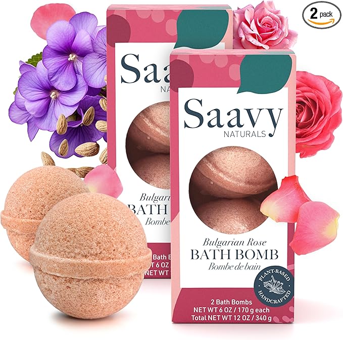 Saavy Naturals Bath Bombs – Relaxing Foaming Fizz Bubbles, Organic Bath Bombs for Women and Kids with Jojoba Oil - Gentle for Sensitive Skin - Made in USA - Bulgarian Rose (2 Pack) - 24 oz