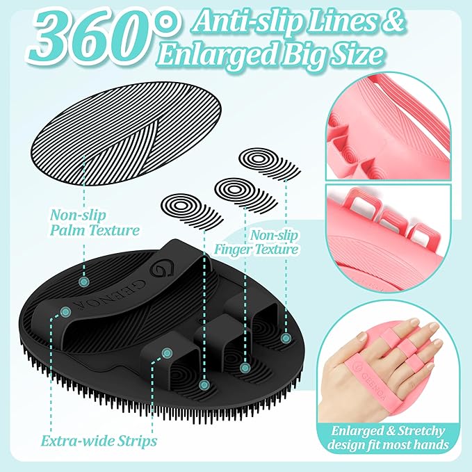 Upgrade Silicone Body Scrubber with Straps, 360° Anti-Slip & Enlarged Exfoliating Shower Scrubber for Rich Foaming Deep Cleaning, No-Grip & Hand-fit Bath Glove for All Skin Types(Black+Pink)