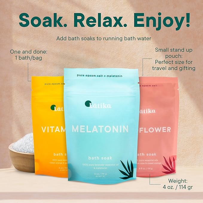 Latika Bath Soak Stress Relief Set of 3 - Wildflower, Melatonin, Vitamin C - Moisturizing Bath Soak with Epsom Salt & Essential Oils for Stress Relief, Muscle Recovery, & Relaxation - At-Home Spa