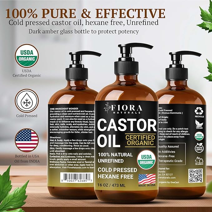 Organic Castor Oil in Glass Bottle – 16 Oz Cold Pressed & Hexane-Free – USDA Certified – Skin Moisturizer, Hair Growth Oil For Lashes, Brows, Skin & Scalp – with Pump