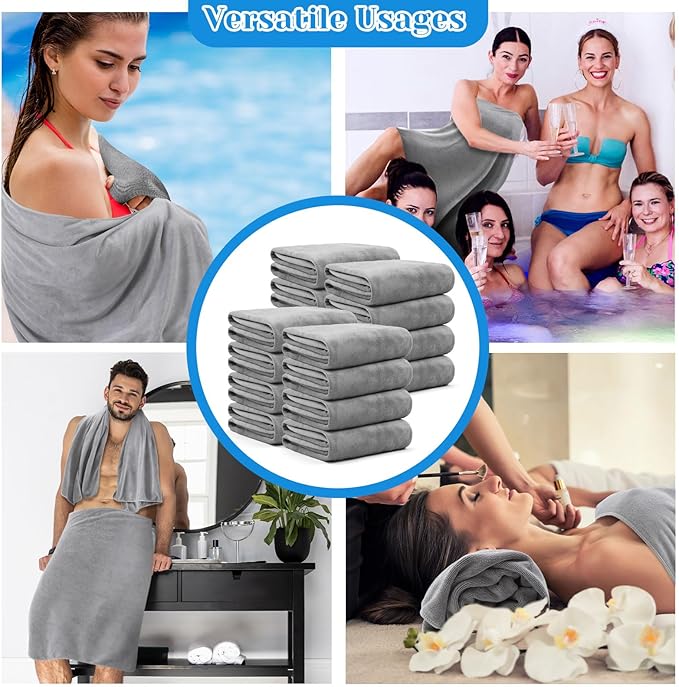 SmoothNovelty 16 Pack Microfiber Bath Towels Bulk 27'' x 60'' Oversized Beach Towel Highly Absorbent Extra Large Soft Drying for Shower Pool Salon Sauna Bathroom Gym Party (Simple,Light Grey)