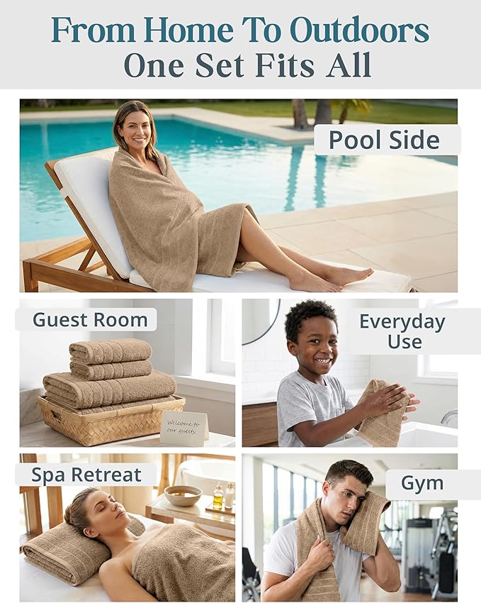 24-Piece 100% Cotton Towels and Washcloths Set – 2 Bath Sheets, 2 Bath, 2 Gym Towel, 4 Fingertip, 6 Hand, 8 Washcloths, Stays Plush After Washes, Ideal for Spa, Hotel & Family Bathrooms - Beige