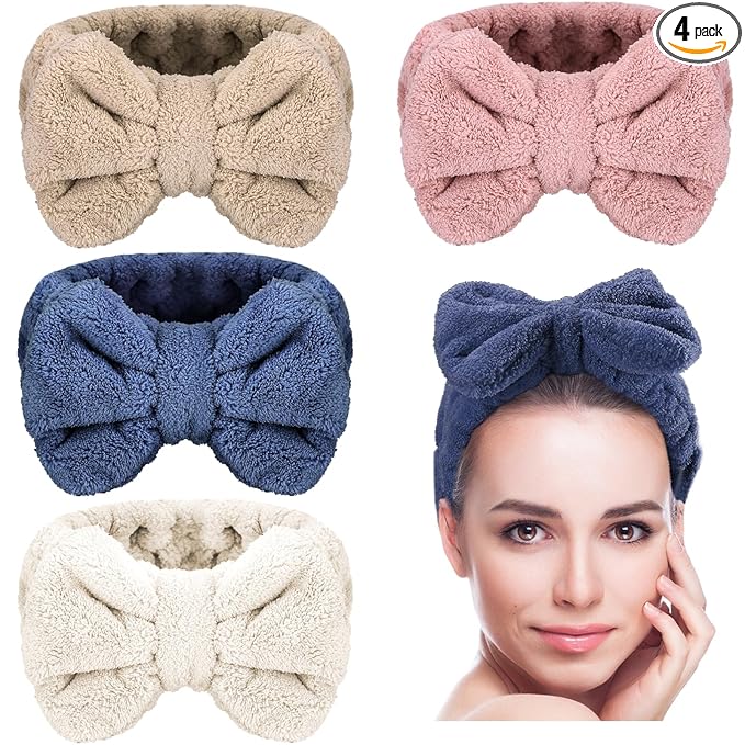 4 Pack Makeup Spa Headband Microfiber Bow Towel Soft Fluffy Washing Face Headband for Women Girls Shower Bath Skincare (White, Blue, Pink, Brown)