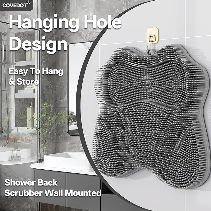 Dual-Sided Silicone Shower Foot Scrubber Mat – Foot Scrubber in Shower for Deep Cleaning & Exfoliation | Wall-Mounted Shower Foot Scrubber Mat & Back Cleaner for Men and Women (Grey, Standard)