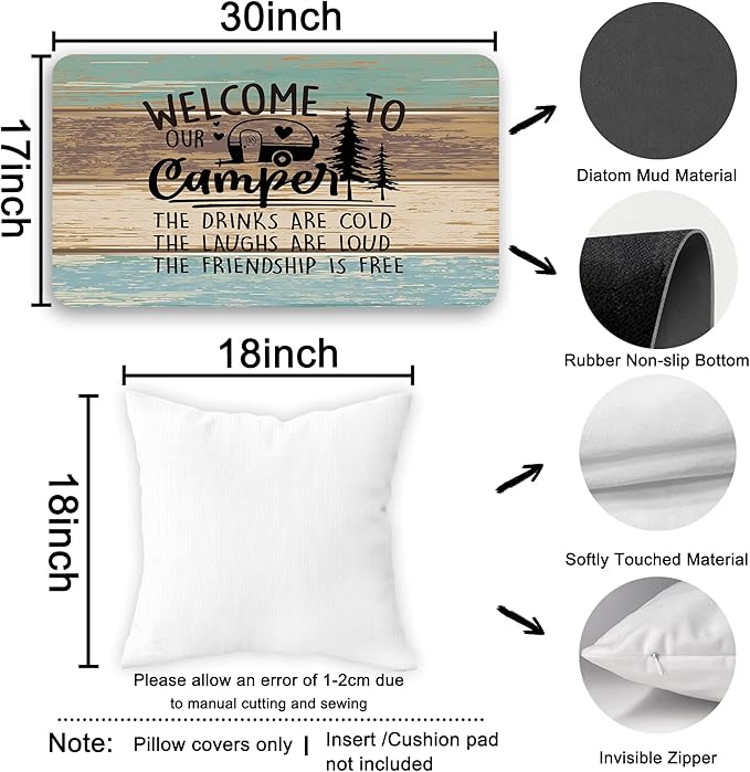 Welcome to Our Camper Soft Diatom Mud Absorbent Bath Rug 17'x30',Reversible Throw Pillow Cover 18'x18',Set of 1 Pillow Cover 1 Doormat,Campsite RV Decor,Camper Gifts