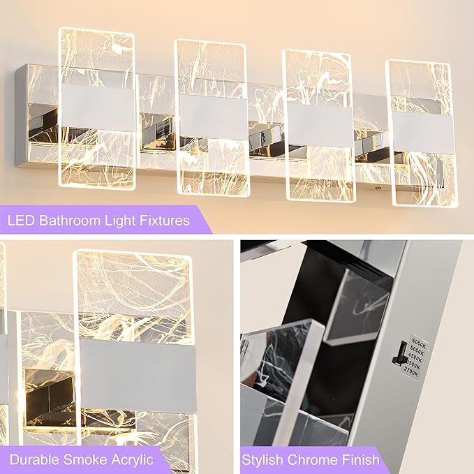 Modern LED Bathroom Light Fixtures Dimmable 4-Light Chrome Vanity Light, 5CCT Adjustable Lighting Fixture Vanity Lights Over Mirror, Smoked Acrylic LED Vanity Lights for Bathroom