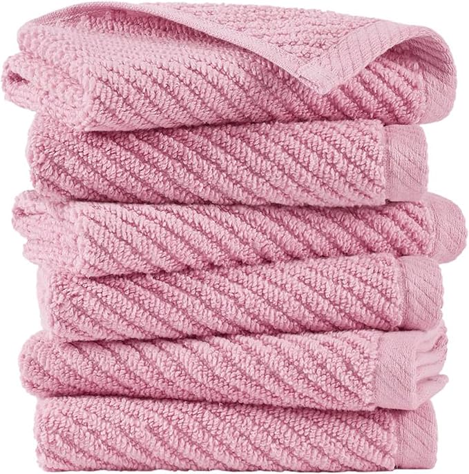 Madison Park 6-Piece Towel Washcloths Set for Bathroom 13" x 13" Diagonal Ribbed, Pink - 100% Cotton Soft Quick Dry & Absorbent Gift | Zero Twist, 500 GSM, Oeko-TEX, Hotel Quality