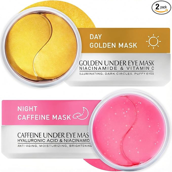 Under Eye Patches Kit: 120 Pcs Rosy Caffeine & 24K Gold Gel Eye Mask for Dark Circles, Puffiness and Wrinkles - Anti-Aging Pads with Niacinamide, Collagen, Hyaluronic Acid & Vitamin C (2 Pack)