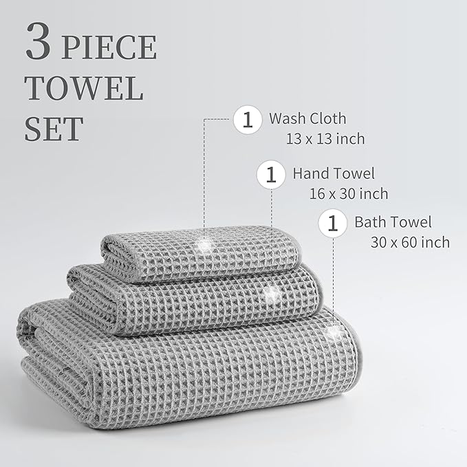 MICROFI New Microfiber Waffle Bath Towels, 3 Pieces, Oversized, Soft, Absorbent, Fast Drying, Lint Free, Includes Bath, Face and Hand Towels 430 GSM (Silver)