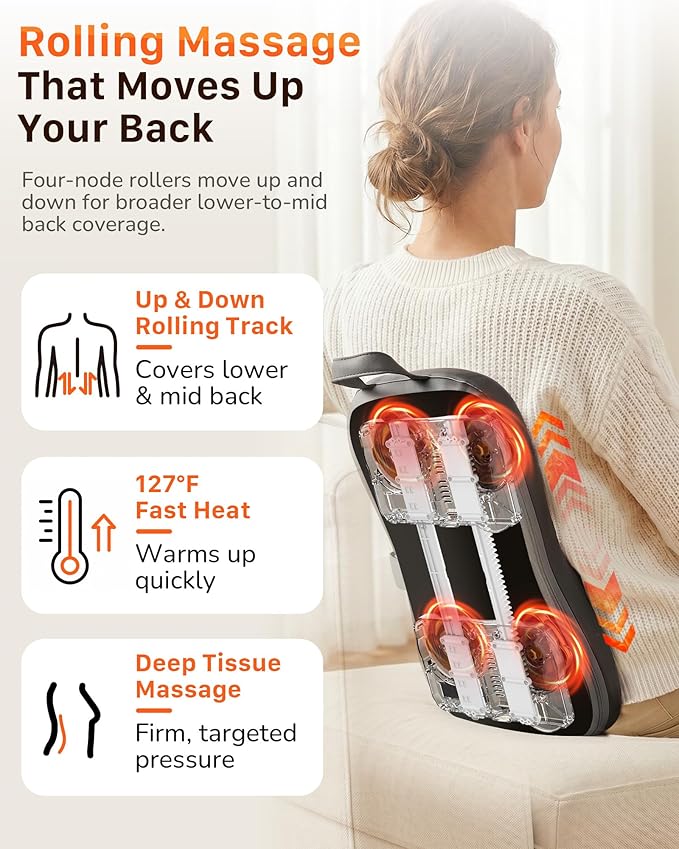 Back Massager for Pain Relief Deep Tissue : Rolling Up and Down, Not Just 4 Fixed Spots, Lower Back Massager with Heat, Shiatsu Kneading Massage for Office Home Car Use