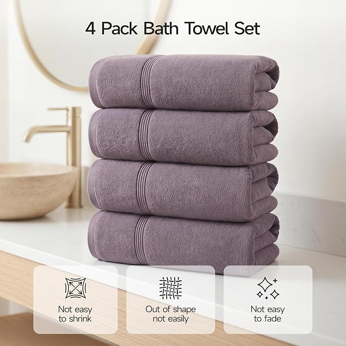 ecolook Bath Towels Set of 4,100% Cotton,27 x 55 Inches,Quick-Drying & Absorbent,Soft,Lightweight Towels for Bathroom,Shower,Spa, Gym & Hotel,Purple