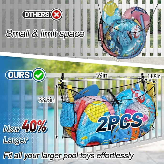 2Pcs Large Pool Float Toy Storage Net - 59x11.8x33.5in Durable Mesh Net Organizer for Fence with Straps, Poolside Fence Toys Holder for Inflatable Rafts Pool Noodles Balls Swimming Ring