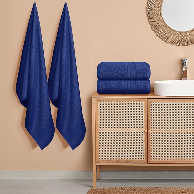 Belizzi Home 4 Pack Bath Towel Set 27x54, 100% Ring Spun Cotton, Ultra Soft Highly Absorbent Machine Washable Hotel Spa Quality Bath Towels for Bathroom, 4 Bath Towels - Navy Blue