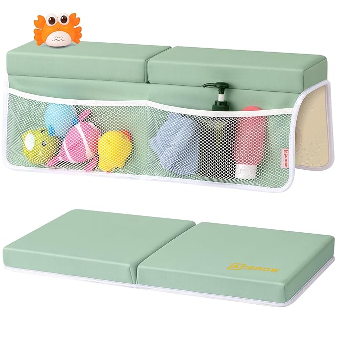 Bath Kneeler and Elbow Rest Pad Set - Comfortable 1.5” Thick Baby Bath Kneeler Pads with Toys Organizer, Non-Slip Knee Arm Support Bathtub Mat, Quick-Drying Kneeling Pad for Baby Bath Time