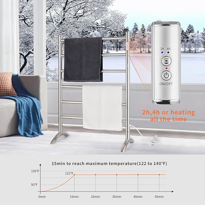 Freestanding Towel Warmer 6 Bars Plug-in Option 3 Working Modes Mirror Polished Stainless Steel 24”W 34”H
