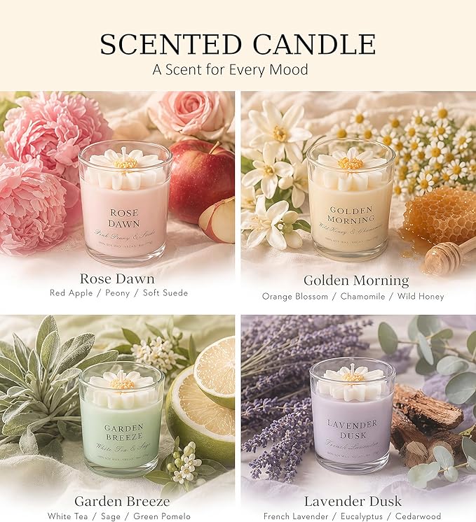 Scented Candles for Women - Aromatherapy Natural Soy Candles 4 Pack, Unique Floral Design, Relaxation Gifts for Mother’s Day, Birthday & Home Decor