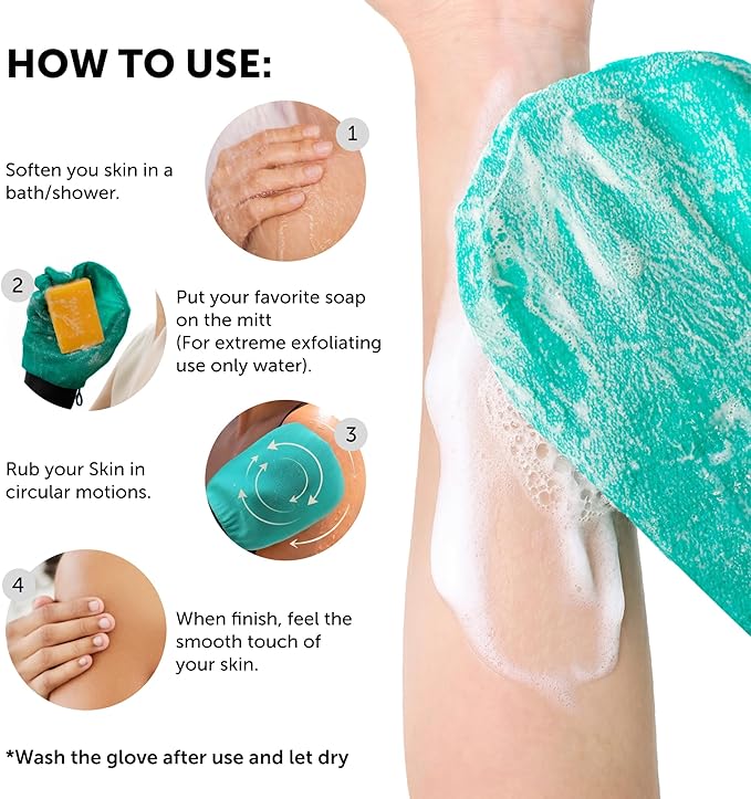 Valitic Exfoliating Glove Body Scrubber - Exfoliating Mitt Dead Skin Remover, Shower Face and Body Exfoliator - Korean Style Skin Scrubber Washcloth - Spray and Self Tan Remover, Pair Turquoise