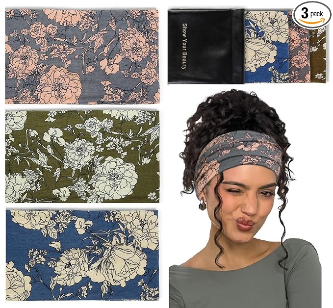 Huachi Wide Headbands for Women Non Slip, Thick Womens Floral Headbands Boho Elastic Hair Bands for Women's Hair, Stretchy Sweat Headband for Workout Running Working