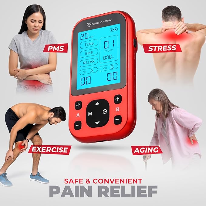 NEOCARBON TENS Unit Muscle Stimulator Pro for Back Pain Relief, Shoulder Recovery and Physical Therapy, Electronic EMS Massager Machine with PMS Pulse for Effective Shock Therapy, Red