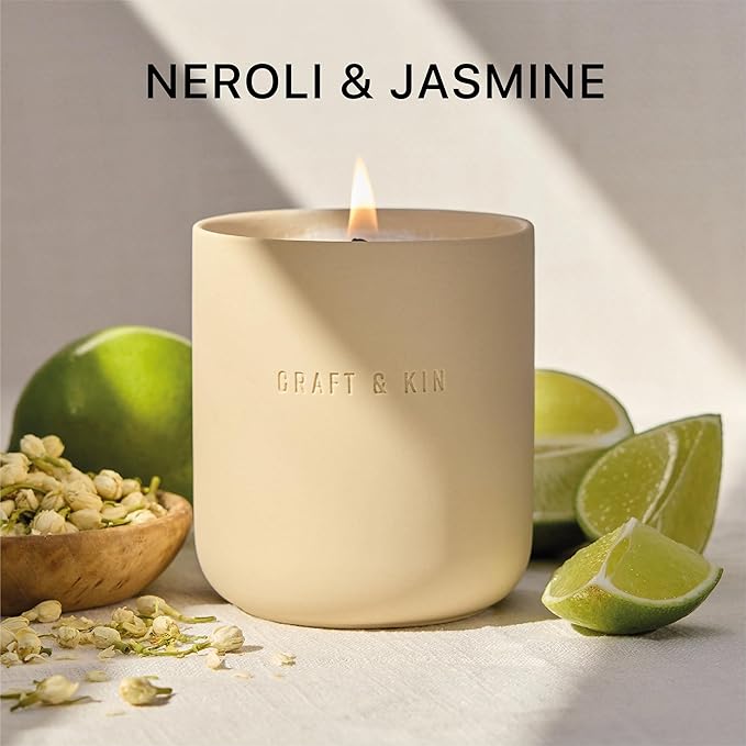 Craft & Kin Scented Candles | Soy Blend with Cotton Wick | Long-Lasting Holiday Candle, 40-Hour Burn | Ceramic Jar, Perfect & Winter Candles Home Scent (10 oz, Neroli & Jasmine)