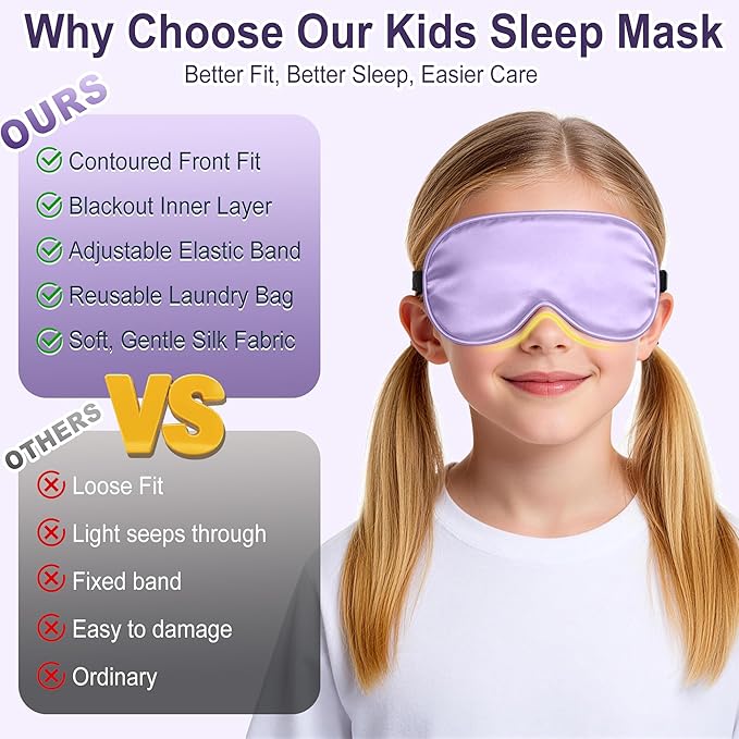 Kids Sleep Mask, Kids Eye Mask for Boys Girls, Kid Silk Eye Masks with Adjustable Strap for Sleeping, 100% Light-Blocking Sleep Eye Cover, Includes Protective Laundry Bag (Purple)
