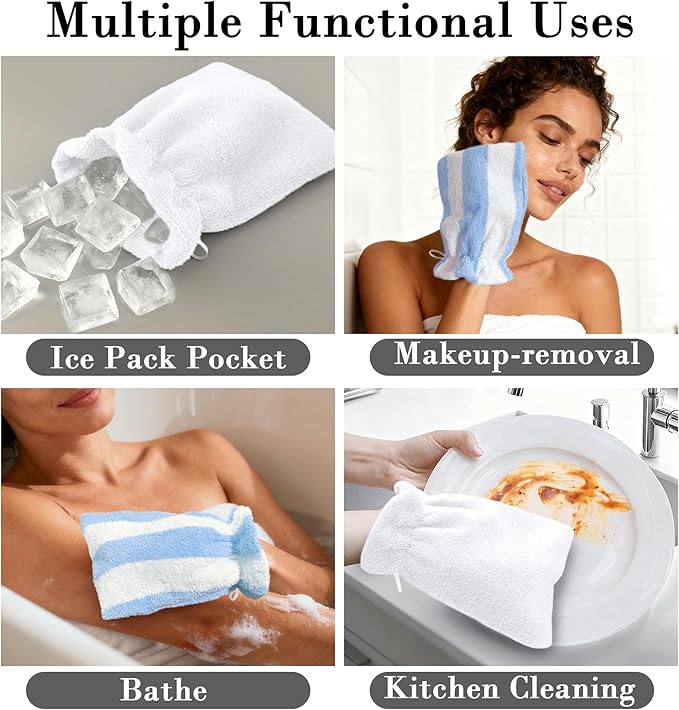 VOOVA & MOVAS 6-Pack Bath Mitts for Shower, 8.3x6.3 Inch 100% Cotton Soft Absorbent Wash Cloths with Hanging Loop, European Style Bath Mitt for Body & Spa, Blue Stripe & White